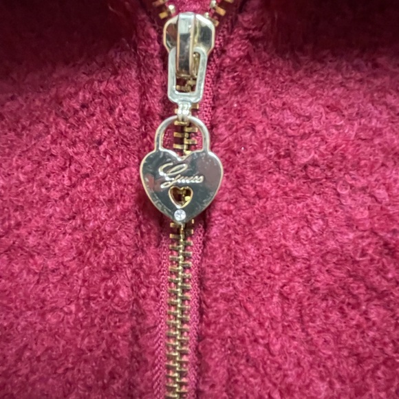 Guess Sz Women's Gorgeous Red Textured Pea Coat Gold Accents Lace Pattern Lining - Picture 6 of 12